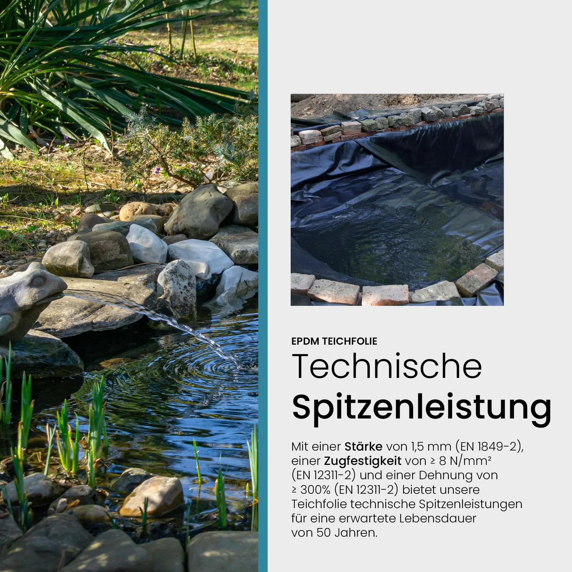 TeichVision - Premium EPDM Teichfolie Stärke 1,5 mm - 1,5 m x 3 m/naturgerechte EPDM Folie schwarz - besonders langlebig/auch geeignet als Hochbeet Folie wasserdicht