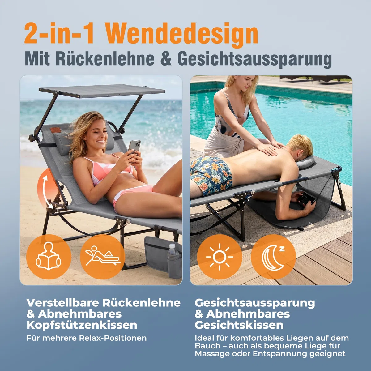 Homecall XXL Sonnenliege mit Gesichtsöffnung & Sonnendach, 200 x 70 cm Gartenliege für Bequeme Bauchlage, klappbarer Liegestuhl mit 4-Fach Verstellbarer Rückenlehne, bis 180 kg (1, Hellgrau)