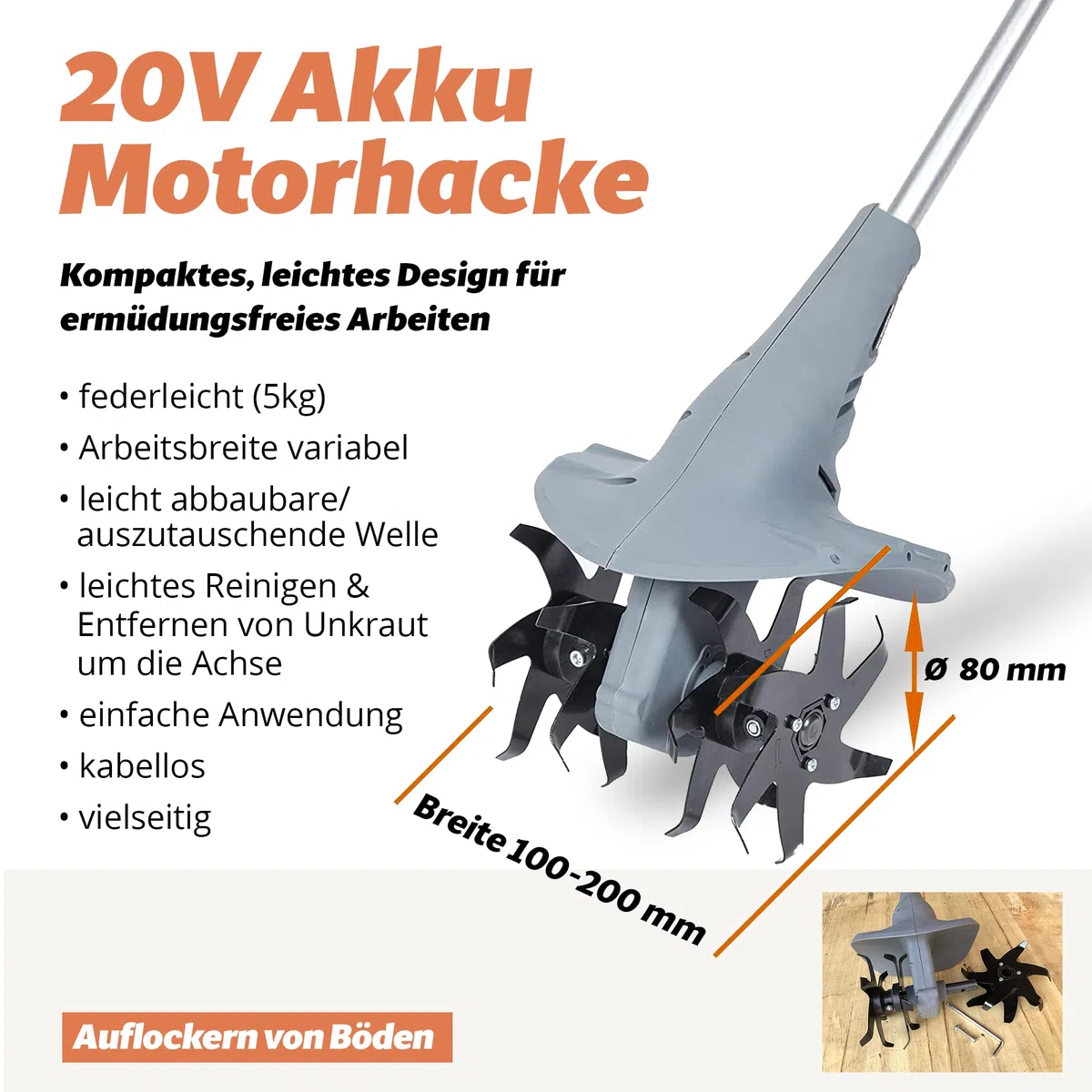 FANZTOOL AK0019 mini Motorhacke Akku 20V inkl. 2.5Ah Akku & Ladegerät, Gartenfräse mit 20cm Arbeitsbreite,15 cm Arbeitstiefe Bodenhacke für klein Beet & Garten