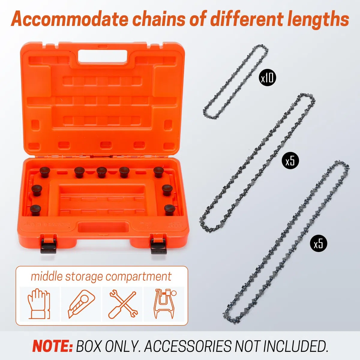 Aufbewahrungsbox für Kettensägenketten - Universale Organizer-Box bis 50 cm Klingenlänge, tragbare Chainsaw Sägekettentasche mit Verhedderschutz in Orange