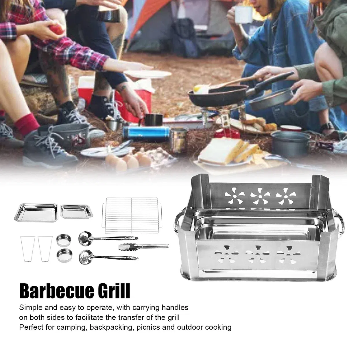 KIMISS Tragbarer Grillgrill aus Edelstahl - Holzkohle und Alkoholgrill für Fischkochen - Kompakter Grill Im Freien mit Tragetreifen, Ideal für Camping & Picknicks (Erschöpfbar und belüftet)