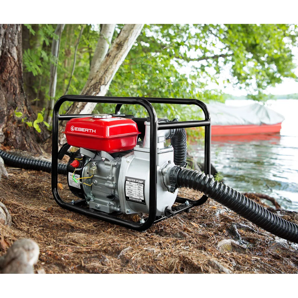 EBERTH 6,5PS Wasserpumpe mit 60.000l/h und 30m Förderhöhe, 3 Zoll Anschluss, Gartenpumpe Schmutzwasserpumpe mit 4-Takt-Motor und 7m Ansaughöhe, Benzin Pumpe, Seilzugstart, Metallfuß, Tragegriff