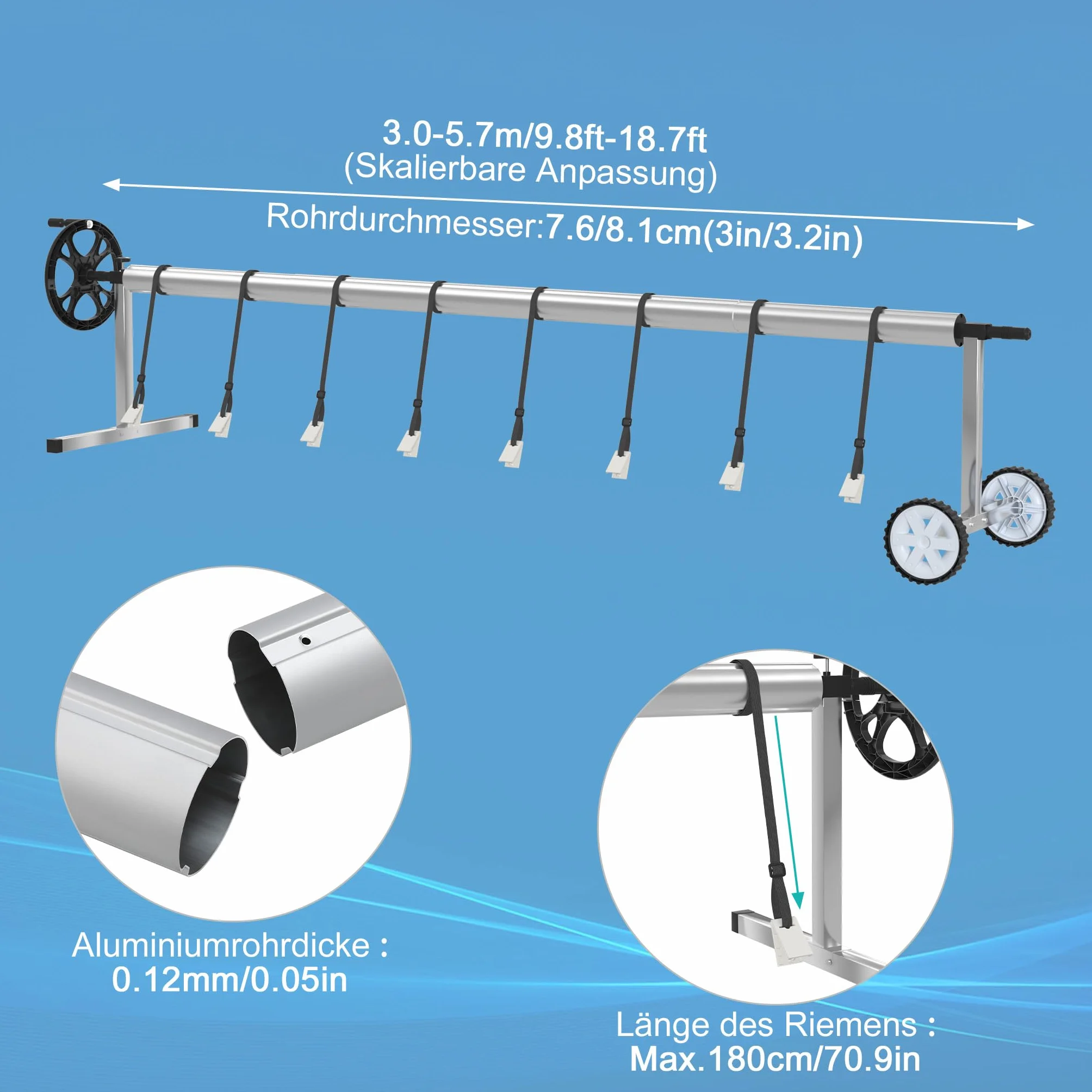 YRHome Premium Pool Aufroller 3m - 5,70m Mobiles Aufrollsystem für Solar- & Poolplanen