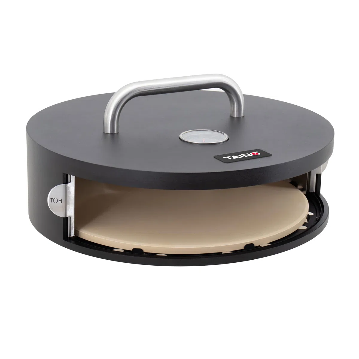 TAINO Pizzabox Pizzaaufsatz Pizzastein mit Deckel Tür rund Grill Zubehör für Gasgrill Schwarz