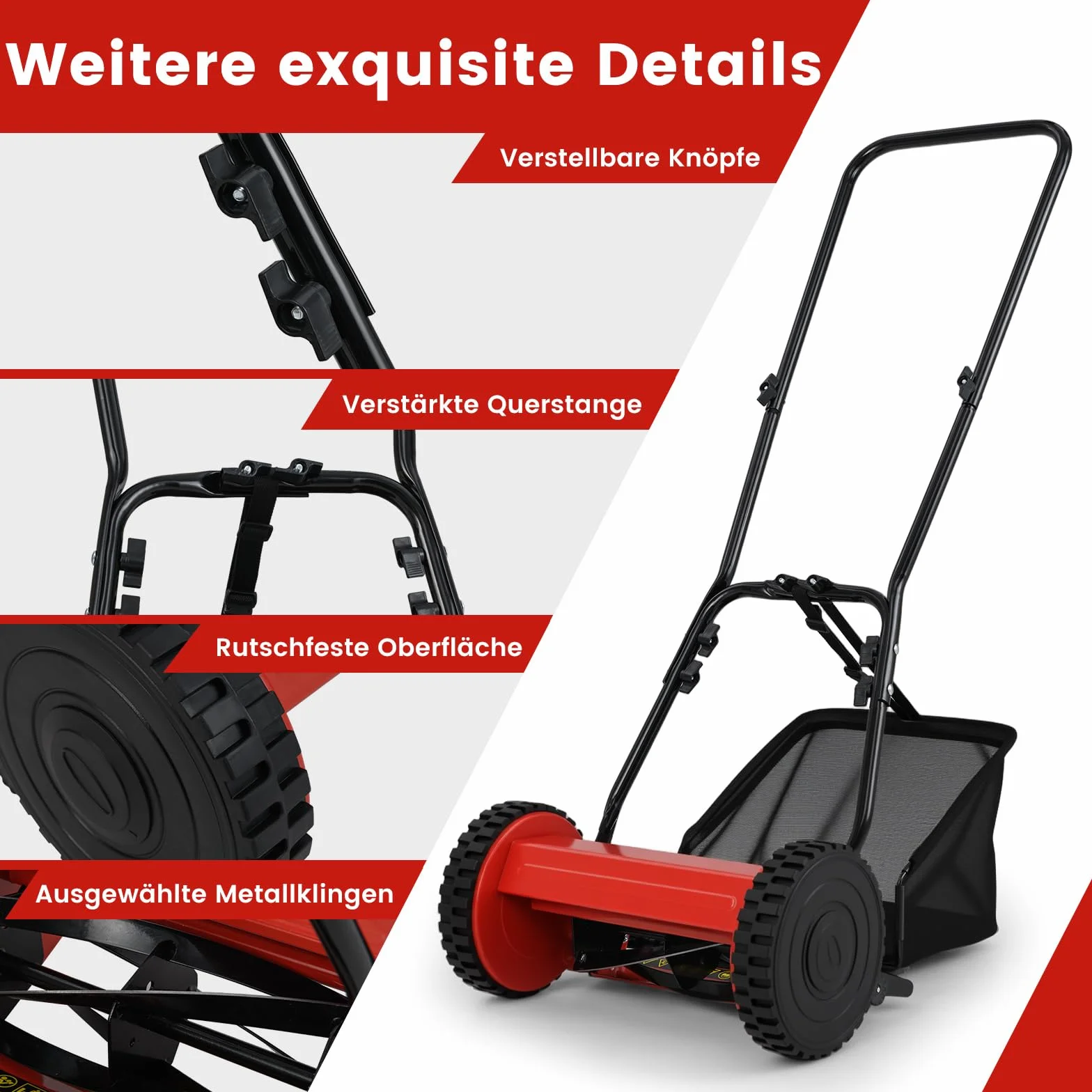 RELAX4LIFE Spindelmäher Hand Rasenmäher mit 30cm Schnittbreite & 5 Messern & 4-stufig Schnitthöheneinstellung 15-40mm & 18,5 Liter Fangkorb, Handrasenmäher Manuell zur Rasenpflege