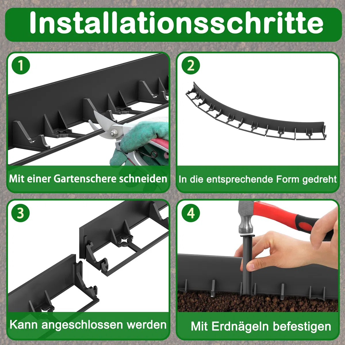 Aufun Flexible Rasenkante Kunststoff 24M Pflasterkante Beeteinfassung mit 100 Erdanker 78mm Schwarz