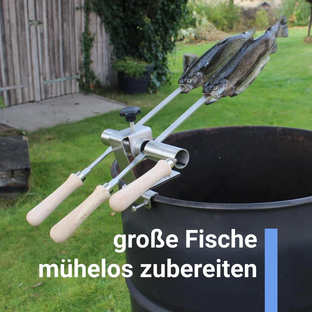 Premium Steckerlfisch Halter für Feuerschale - Platz für 2 Fische - Fisch Grill Aufsatz passt auf jede Feuerschale - stufenlos verstellbar - Fischhalter 100% Edelstahl - Asado Grill für Feuerschale