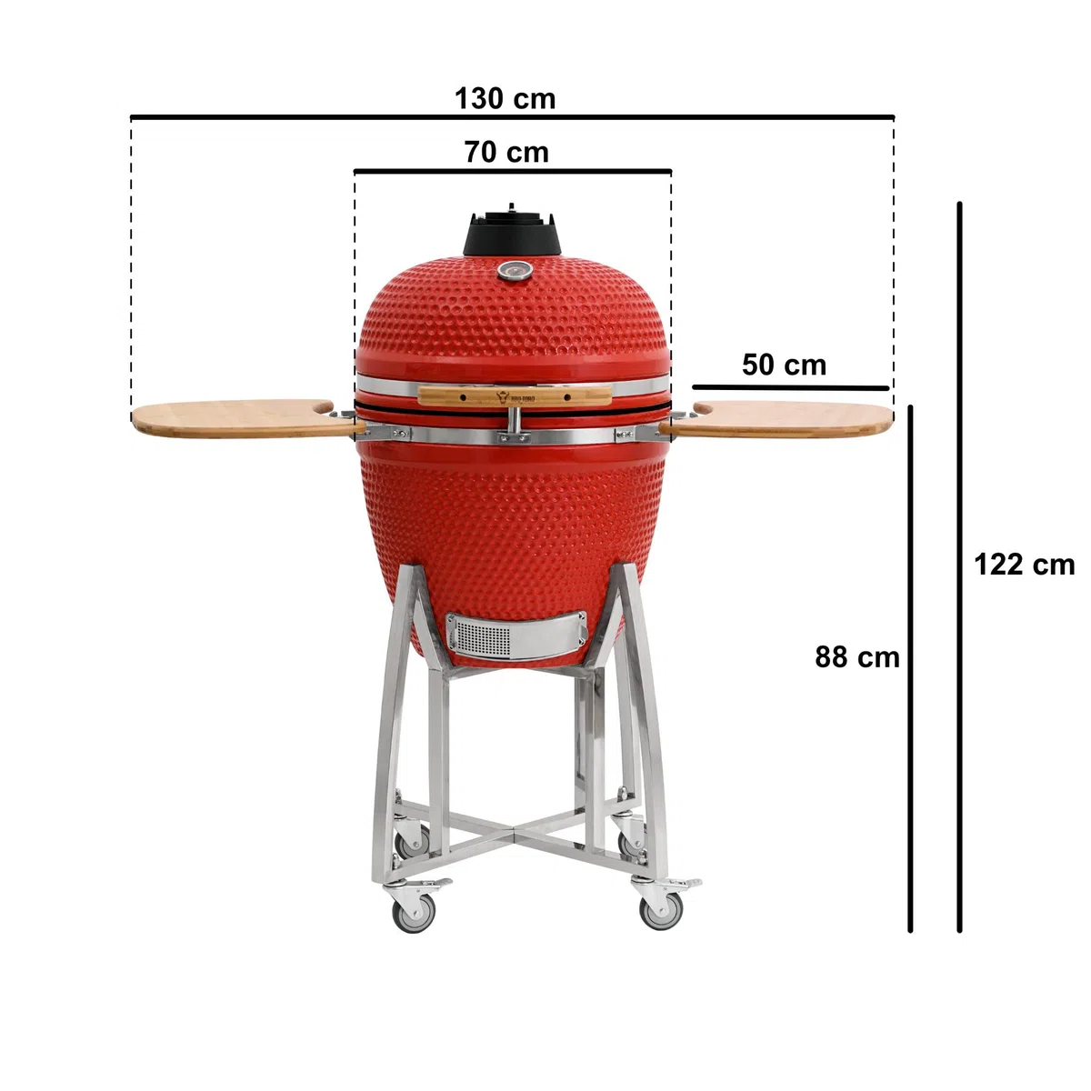 BBQ-Toro Kamado Grill Holzkohlegrill "KURO" Ø 52 cm | Rot | Holzkohlegrill mit Bambusablage, Thermometer, Holzgriffen, Rollen | Keramikgrill rund, Ceramic Grill Ei, Grillofen, Kamado mit Ablage