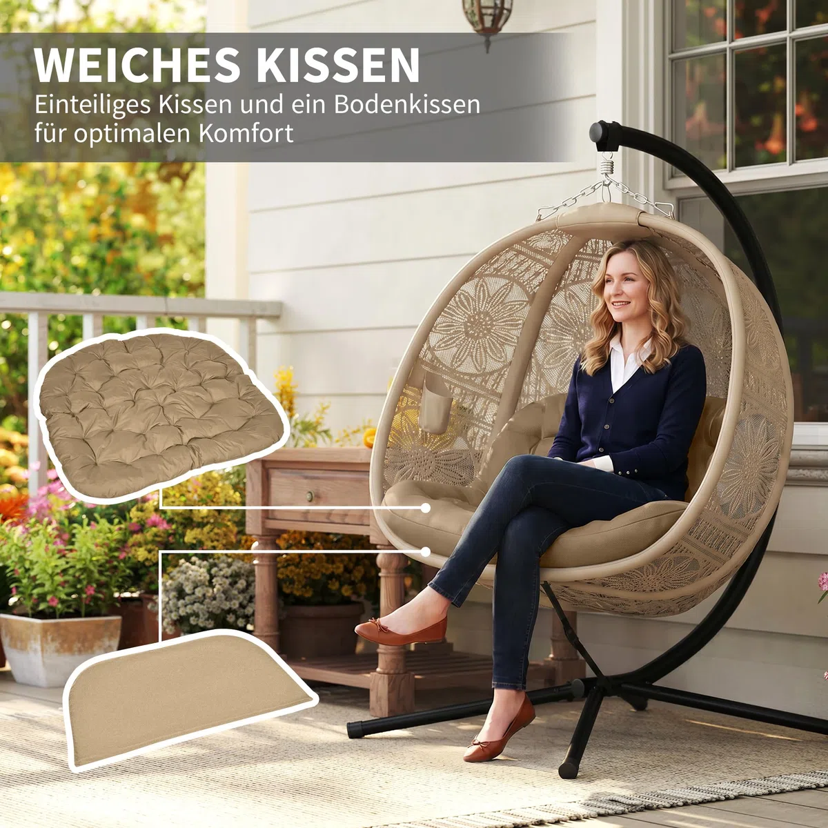 Outsunny Hängesessel, Hängeschaukel, Hängestuhl mit Sitzkissen, Klappbarem Sitzkorb, für Indoor, Outdoor, bis 120 kg Belastbar, Polyester, Sand