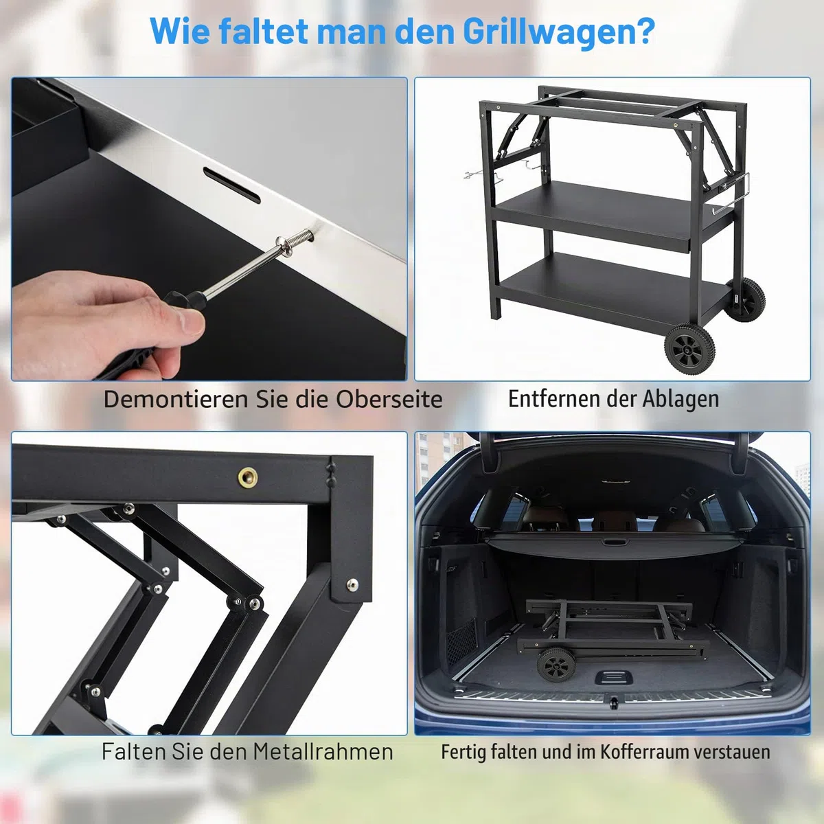 KOMFOTTEU Grillwagen klappbar, Grilltisch mit Edelstahl Arbeitsplatte, Outdoor Rollwagen mit 2 Rollen, Servierwagen Grill Trolley mit Verstellbarer Ablage, Handyhalterung & Handtuchhalter, Schwarz