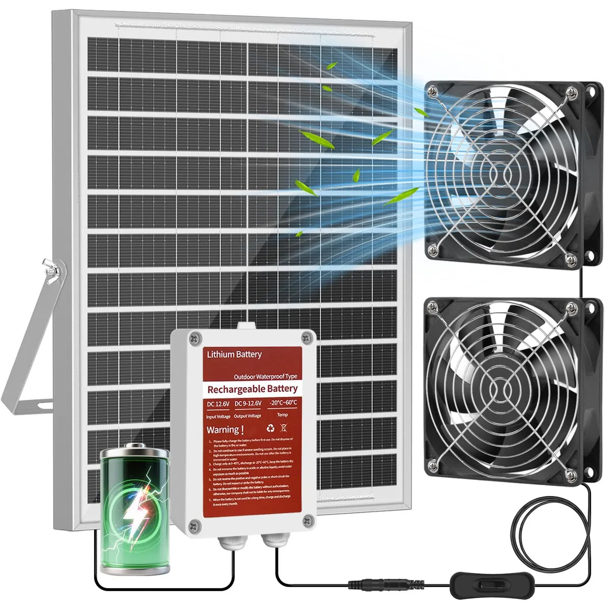 25W Solar Abluftventilator mit Batterie, Solarbetriebener Ventilator für Schuppen & Gewächshaus, 3 Modi Controller (Kontinuierlich/Timer/Bewegungssensor), für Ansaug- oder