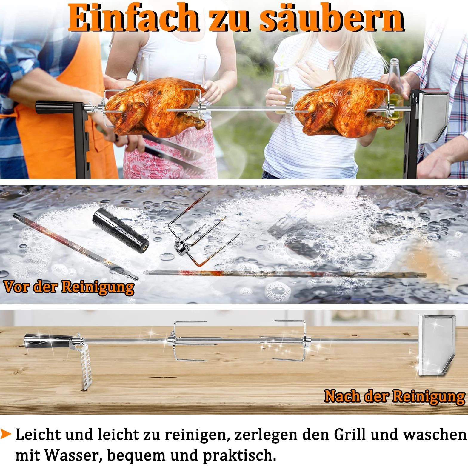YRHome Drehspieß Grillspieß Set 107cm inkl. 4X Fleischnadeln und Edelstahl Motor 220V - 240V Elektrischer Drehspiess für BBQ Rotisserie Grillspiess Drehspiess Gasgrill