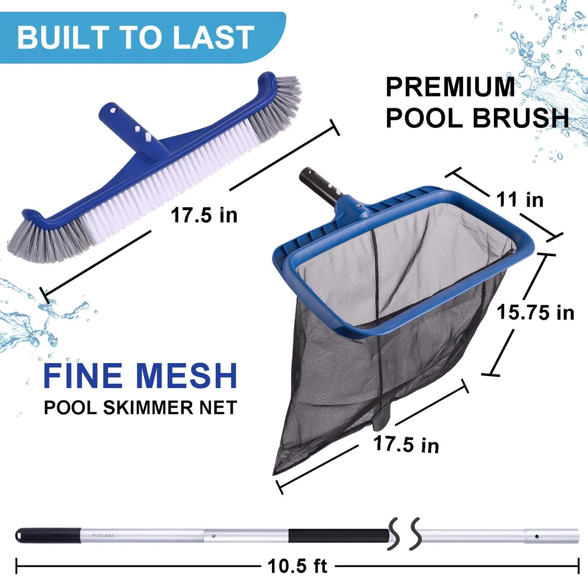 POOLAZA Pool-Reinigungsset, inklusive Poolbürste und ultrafeinmaschigem Pool-Skimmernetz mit Stange, Poolkescher und 44 cm Poolbürstenkopf mit 3,2 m Aluminium-Poolstange, Poolkescher und Bürste mit