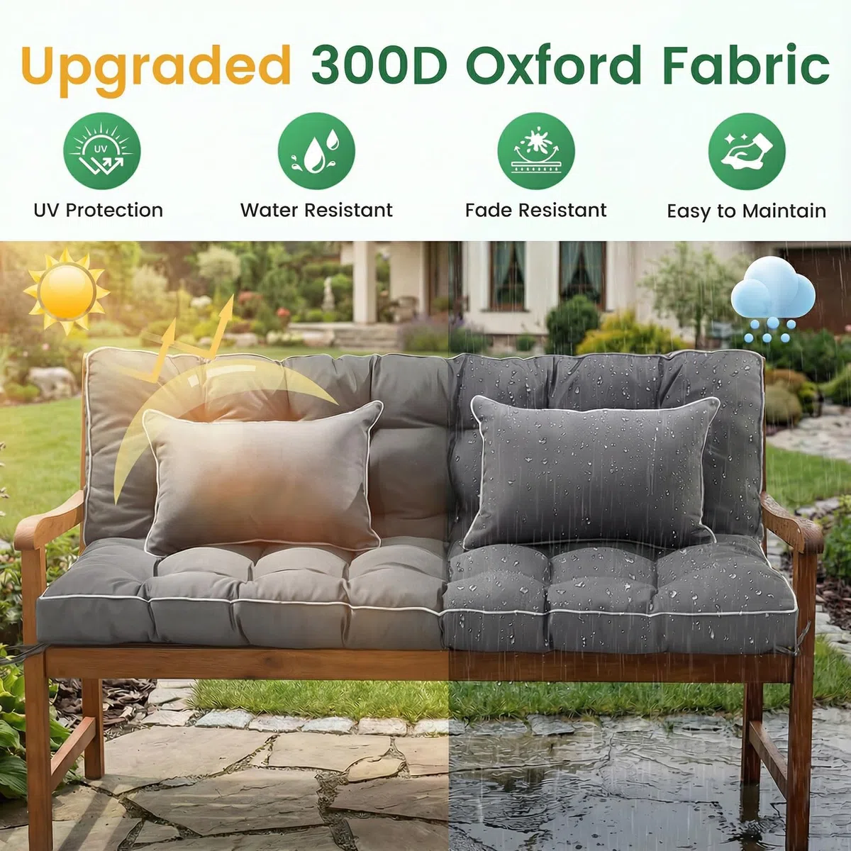 Bankauflage für Innen und Außen, 2-in-1 faltbares Design mit Kissen 111 x 160 x 14 cm, wasserabweisender sitzkissen, rutschfeste Gartenbankauflage mit Bändern für Hollywoodschaukel, Fensterbank (grau)
