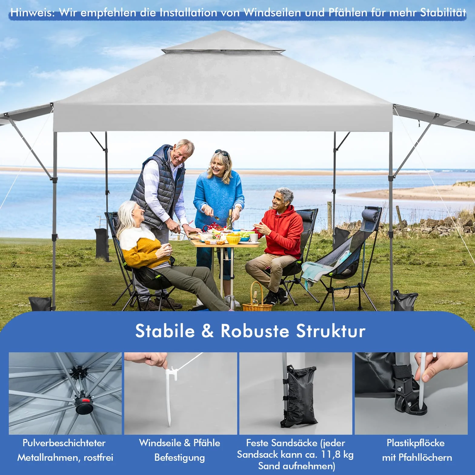 COSTWAY 3x3m Pop Up Pavillon mit Zwei Markisen, Faltpavillon mit Rolltasche, 4 Sandsäcke, UV-Schutz 50+, Gartenzelt faltbar, Partyzelt wasserdicht stabil Winterfest, Gartenpavillon für Garten (Weiß)