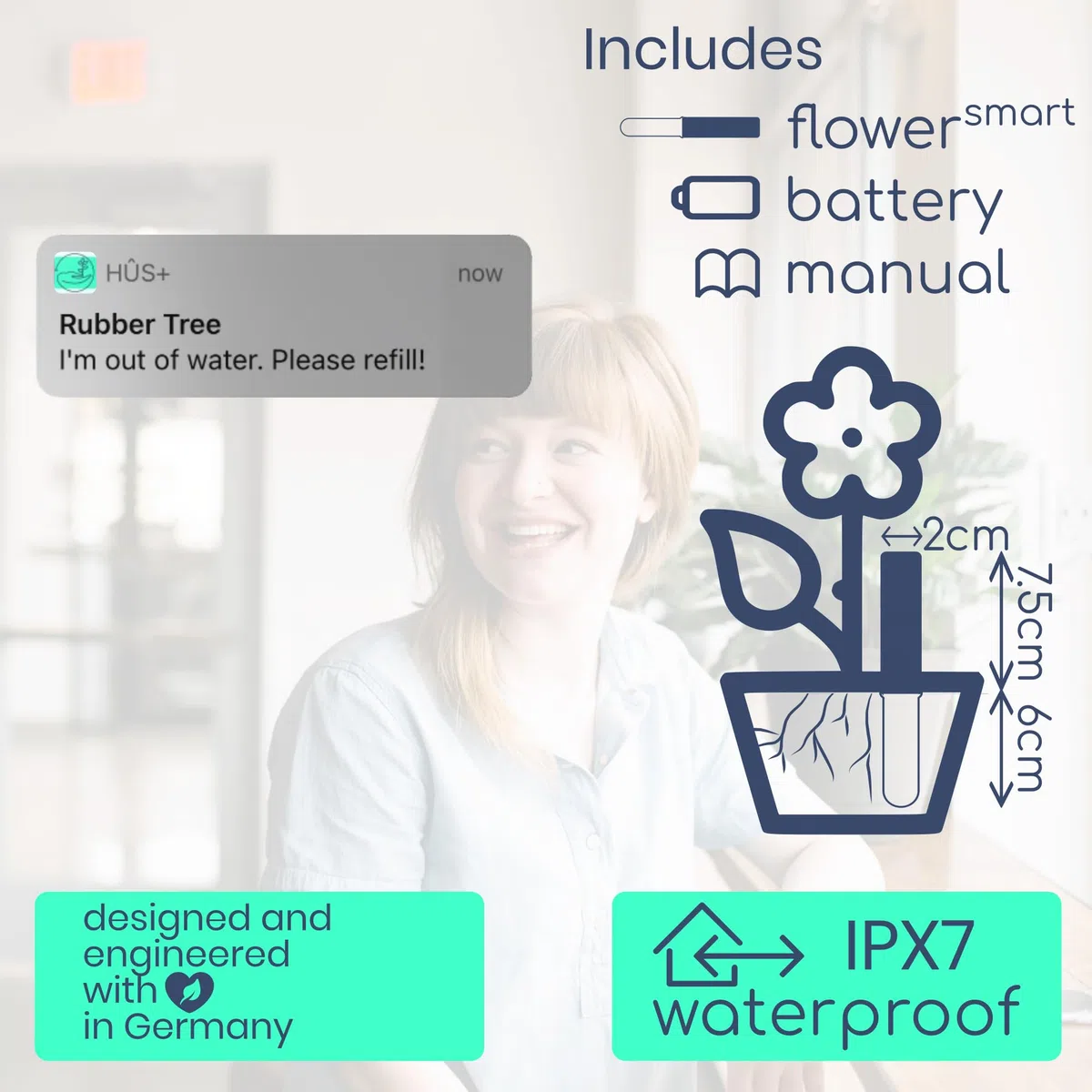 Flower smart 【 A Babysitter for Your Plants 】 Smart WiFi Pflanzensensor Gießanzeiger Feuchtigkeitsmesser für Pflanzen - Bodentester Wasserdicht WLAN Sensor digital (6, Botanical Black)
