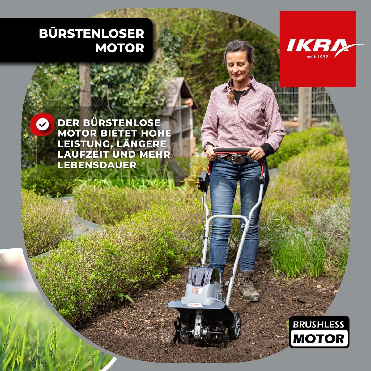 IKRA Bodenhacke Motorhacke IB-TC 36, ohne 36V Akku & Ladegerät | Kompatibel mit Bosch, bürstenloser Motor, 2 Arbeitsbreiten 18-30 cm, Arbeitstiefe bis 20cm, inkl. Bremssporn & Transporträder
