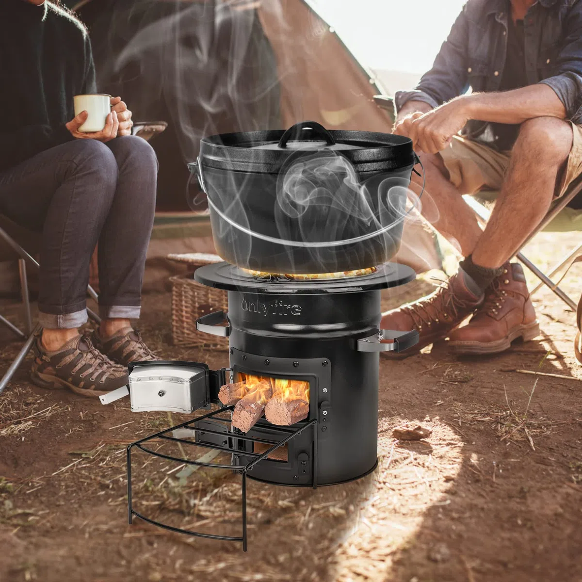 Onlyfire Raketenofen, Camping Holzofen, Campingkocher Holz mit Brennholzständer, Doppeltür-Design, Outdoor Kochen, Holzofen zum Kochen, Holzofen Outdoor für Dutch Oven, Grillpfannen, Zeltofen, Schwarz