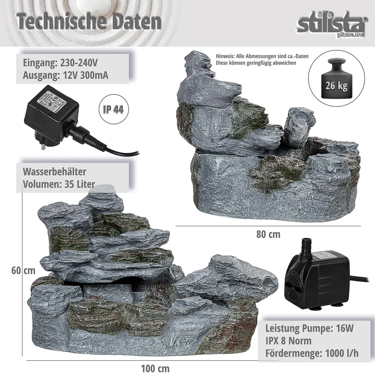 STILISTA Gartenbrunnen Olymp in Steinoptik XXL 100 x 80 x 60 cm inkl. Pumpe und LED-Beleuchtung