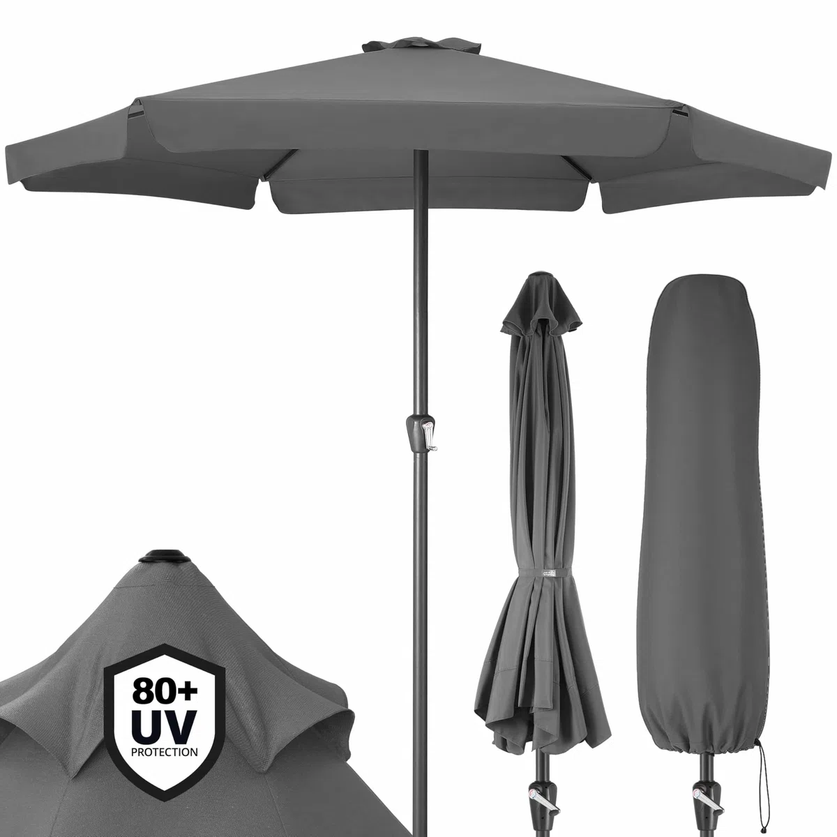 Kingsleeve Sonnenschirm UV Schutz 80+ Balkon Schutzhülle 330cm Strand Schirm Groß Wasserabweisend Kurbel Aluminium Windöffnung Gartenschirm Anthrazit