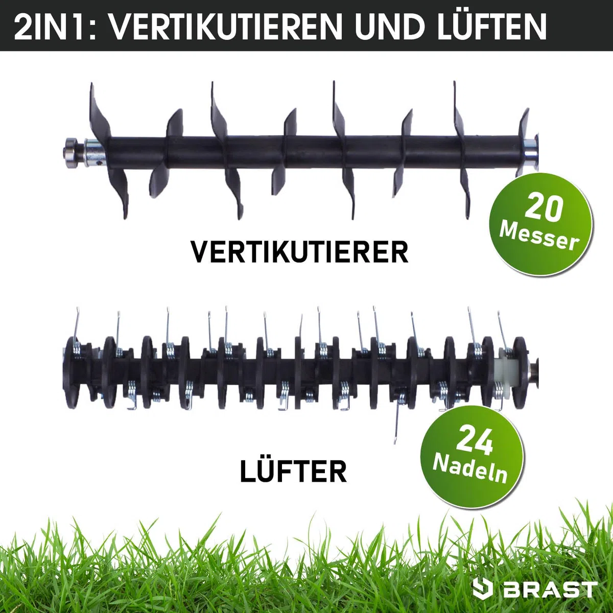 BRAST Vertikutierer Elektro Rasenlüfter | 1500-2000 Watt | 32-40cm Arbeitsbreite | 3 Modelle | großer Fangkorb Transportgriff & Klappbar | für kleine bis sehr große Rasenflächen | BRE-RV-4000