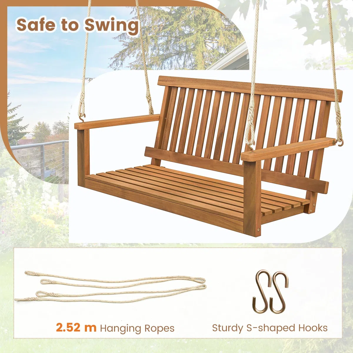 GIANTEX Hängebank Schaukel 2-Sitzer, Schaukelbank Outdoor, Hollywoodschaukel aus Massiv Akazienholz, Veranda-Schaukel Gartenschaukel zum Aufhängen 130 x 63 x 57 cm, Hängeschaukel bis 360 kg belastbar