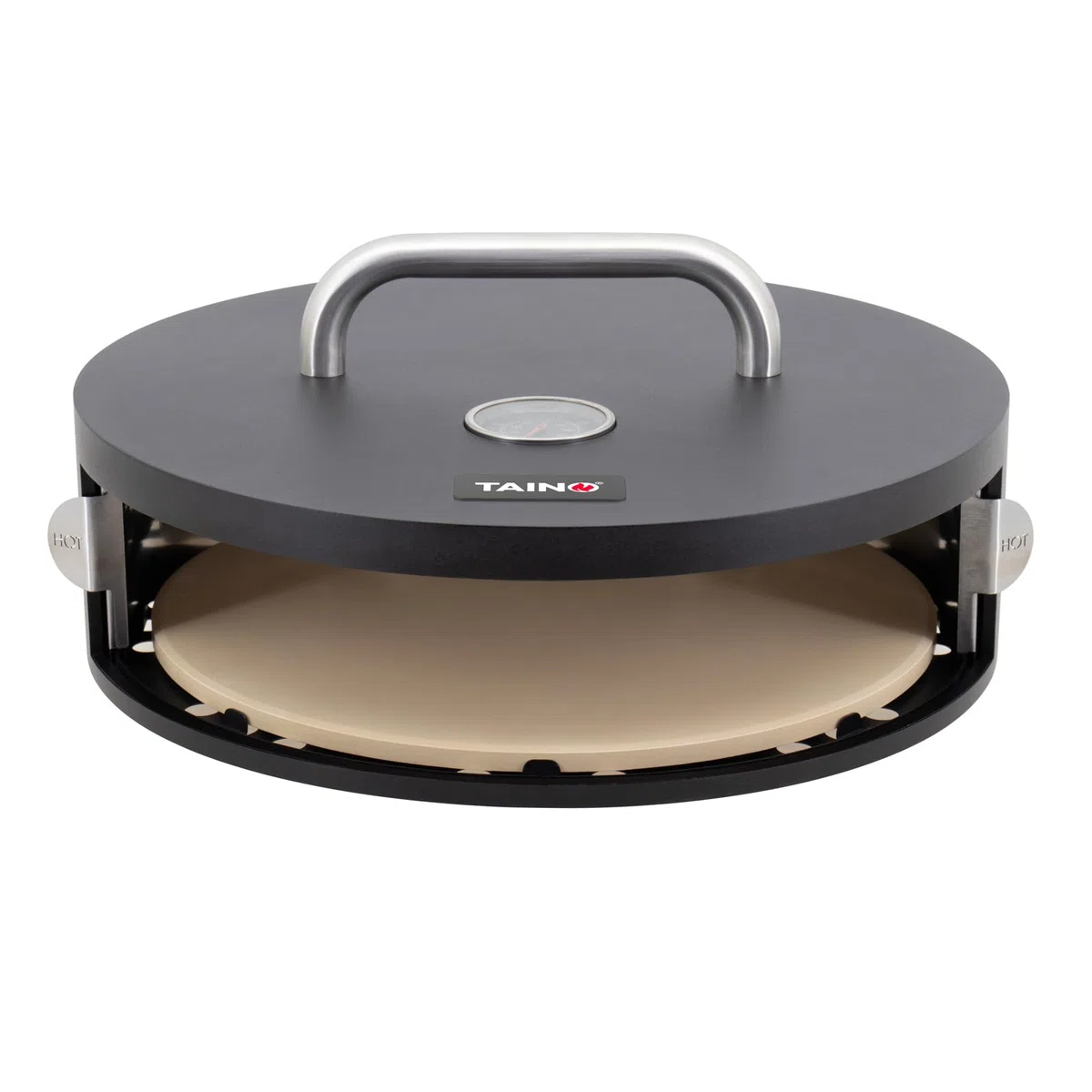 TAINO Pizzabox Pizzaaufsatz Pizzastein mit Deckel Tür rund Grill Zubehör für Gasgrill Schwarz
