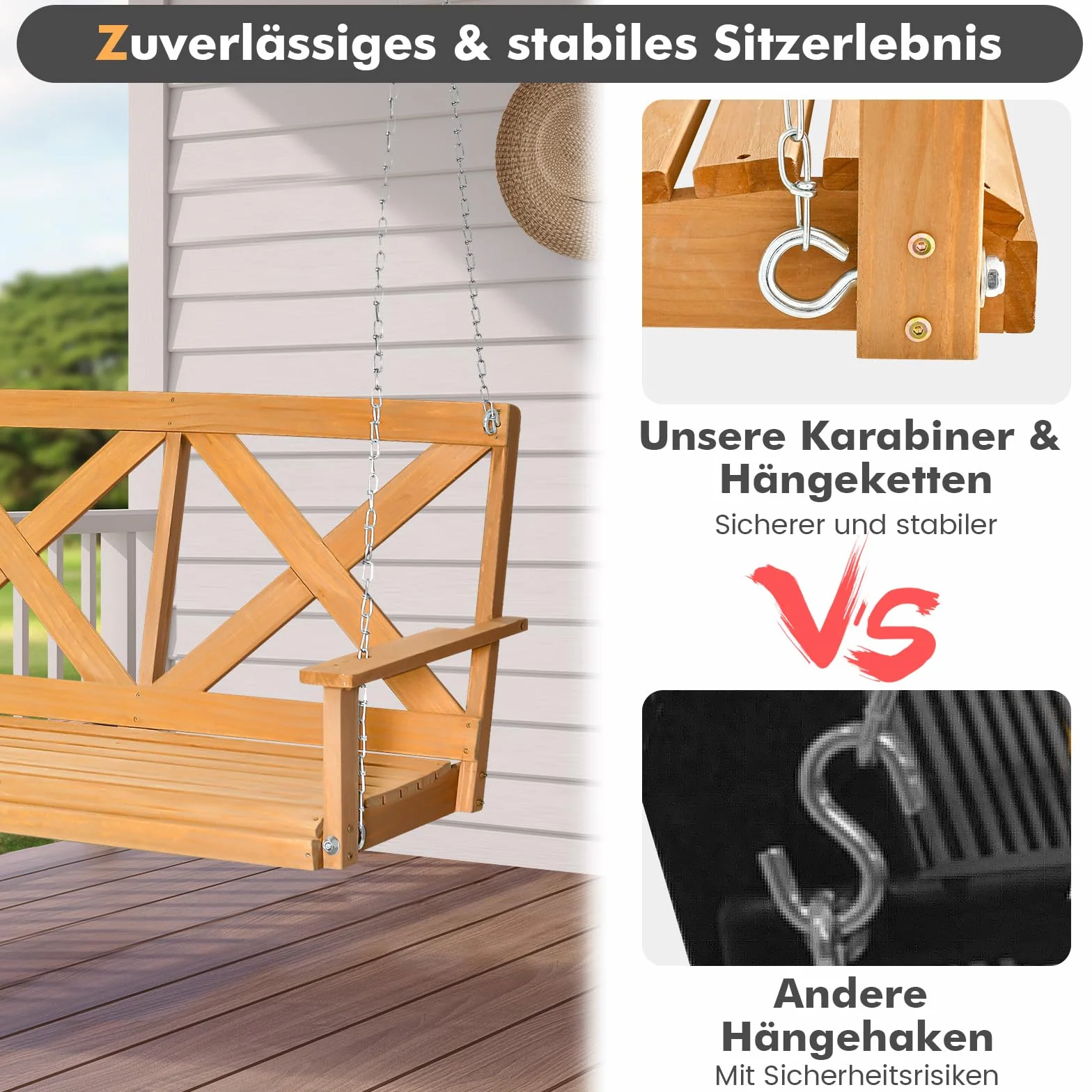 COSTWAY Hängebank aus Massivholz, 2-Sitzer Gartenschaukel zum Aufhängen, Hollywoodschaukel bis 240 kg belastbar, Outdoor-Schaukelbank für Terrasse, Garten, Hof, 134 x 60 x 65 cm, Natur