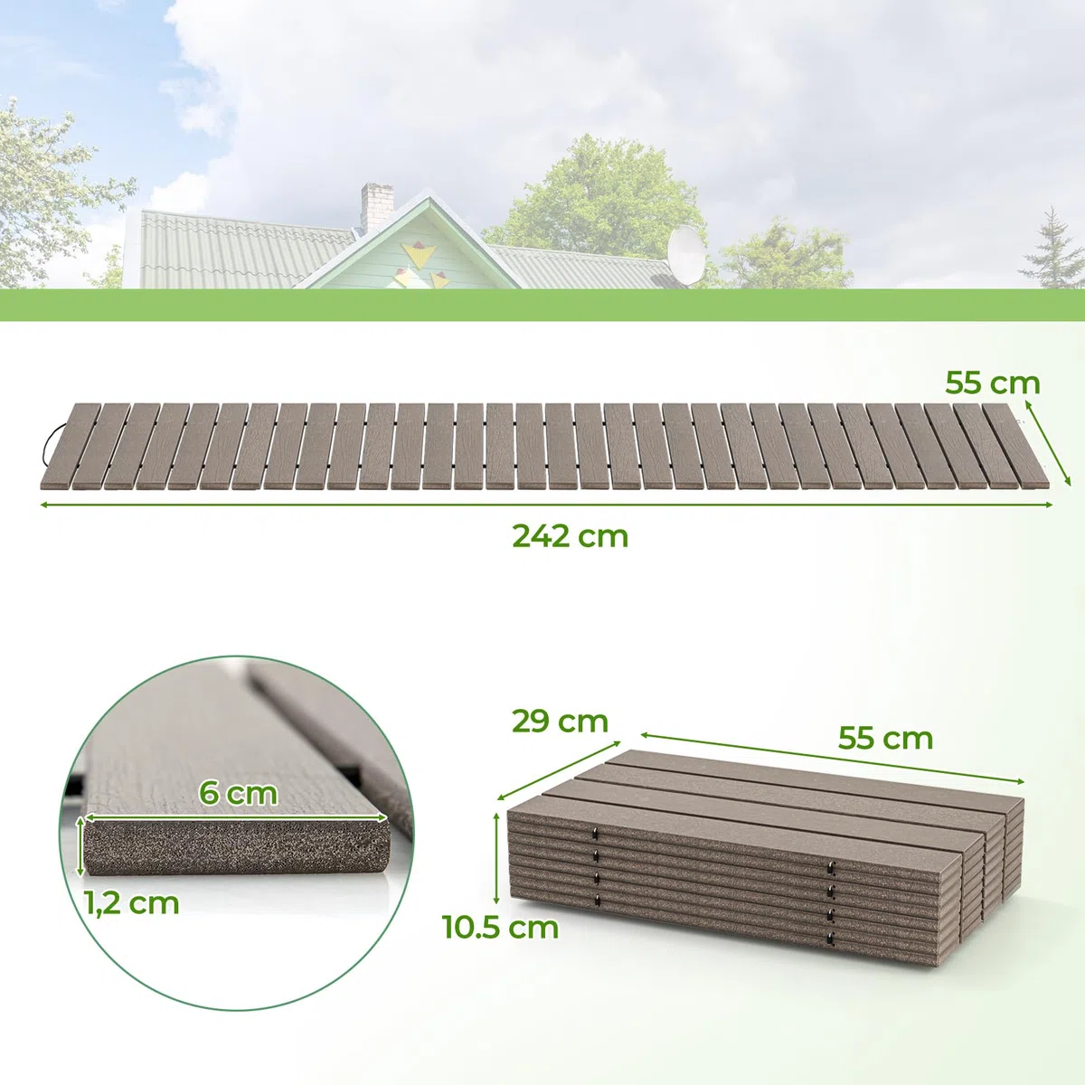 RELAX4LIFE Rollweg wetterfest, Gartenweg aus HDPE, 242 x 55 cm, Gehweg ausrollbar, Gehwegplatte mit Metallverbindung & simulierter Holzmaserung, Trittplatte für Garten, Terrasse, Hochzeit, Party, Grau