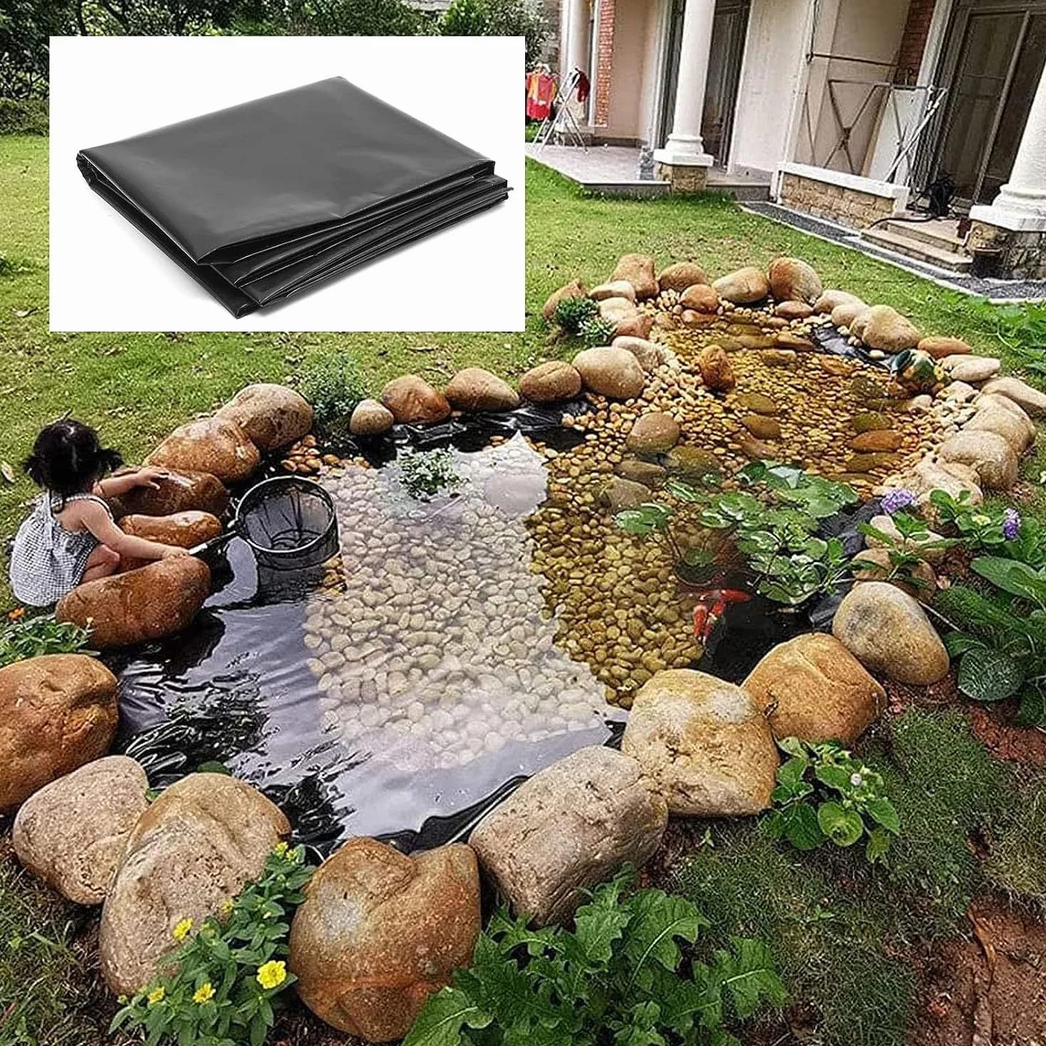 EPDM-Teichfolie, 1 mm dick, strapazierfähig, schwarz, Schutzhülle für Wasserspiele, 7,5 x 5 m, 7,5 x 6 m, 7,5 x 7 m, durchstoßfest, für Wassergärten und Springbrunnen