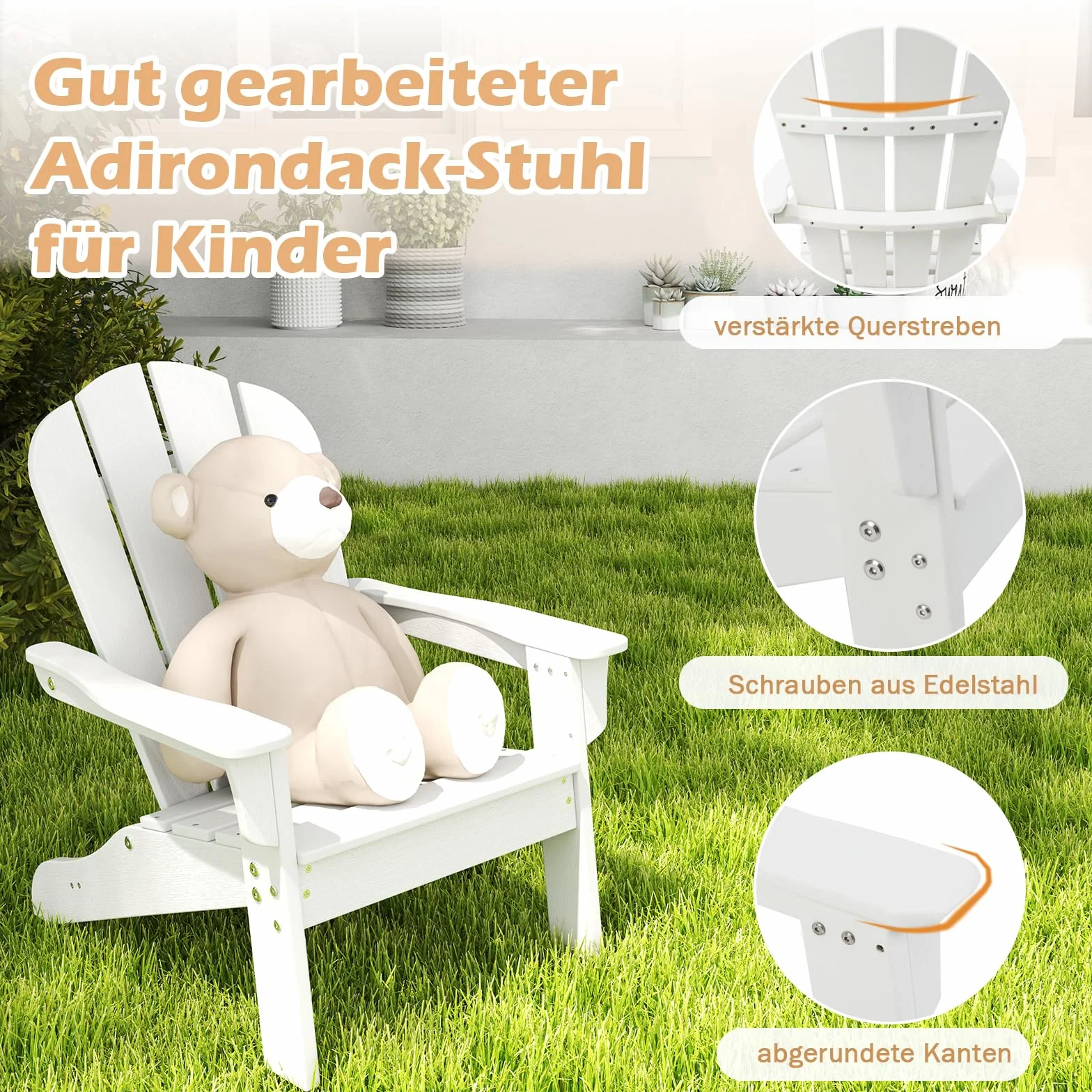 GOPLUS Adirondack Stuhl für Kinder, Adirondack Chair wetterfest aus HDPE mit ergonomischer Rückenlehne & Breiten Armlehnen, bis 75kg belastbar, Kinderstuhl Outdoor Garten Kinderzimmer (Weiß)