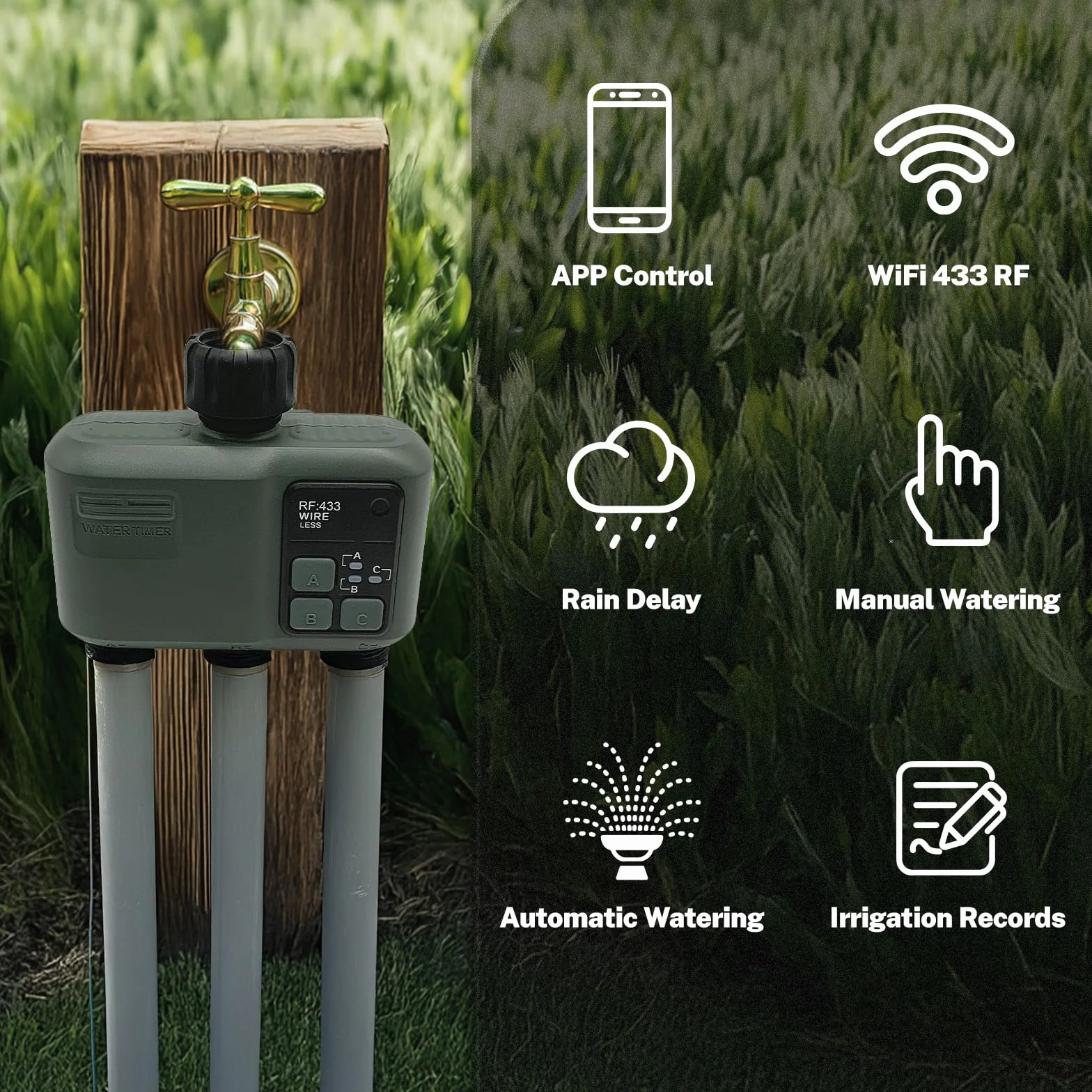 Johgee Bewässerungscomputer WLAN 3 Ausgänge mit 500M RF 433 Technologie, Smart Zeitschaltuhr Bewässerung mit APP, Alexa Sprachsteuerung, 6 Bewässerungsplänen, Automatische Bewässerungsuhr für Garten