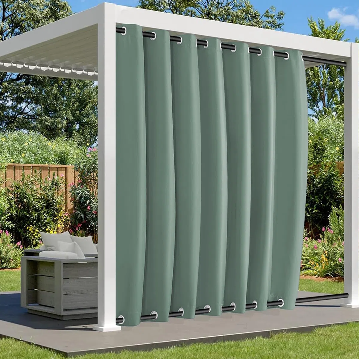 Outdoor Vorhänge Wetterfest Sonnenschutz, Outdoor Vorhang mit Ösen Oben und Unten, Wasserdicht Outdoor Gardinen für Pavillon Terrasse Veranda | 1 Stück, Grün, B254xH259cm