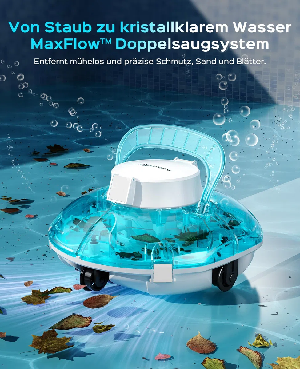 WINNY POOL CLEANER Winny 200 Poolroboter, Poolsauger kabellos mit Akku, 75 Min. Laufzeit, für Aufstellpools bis 60 m², Doppelfiltration, Automatisches Parken, Kompakt Leicht (Transparentes Blau-Weiß)