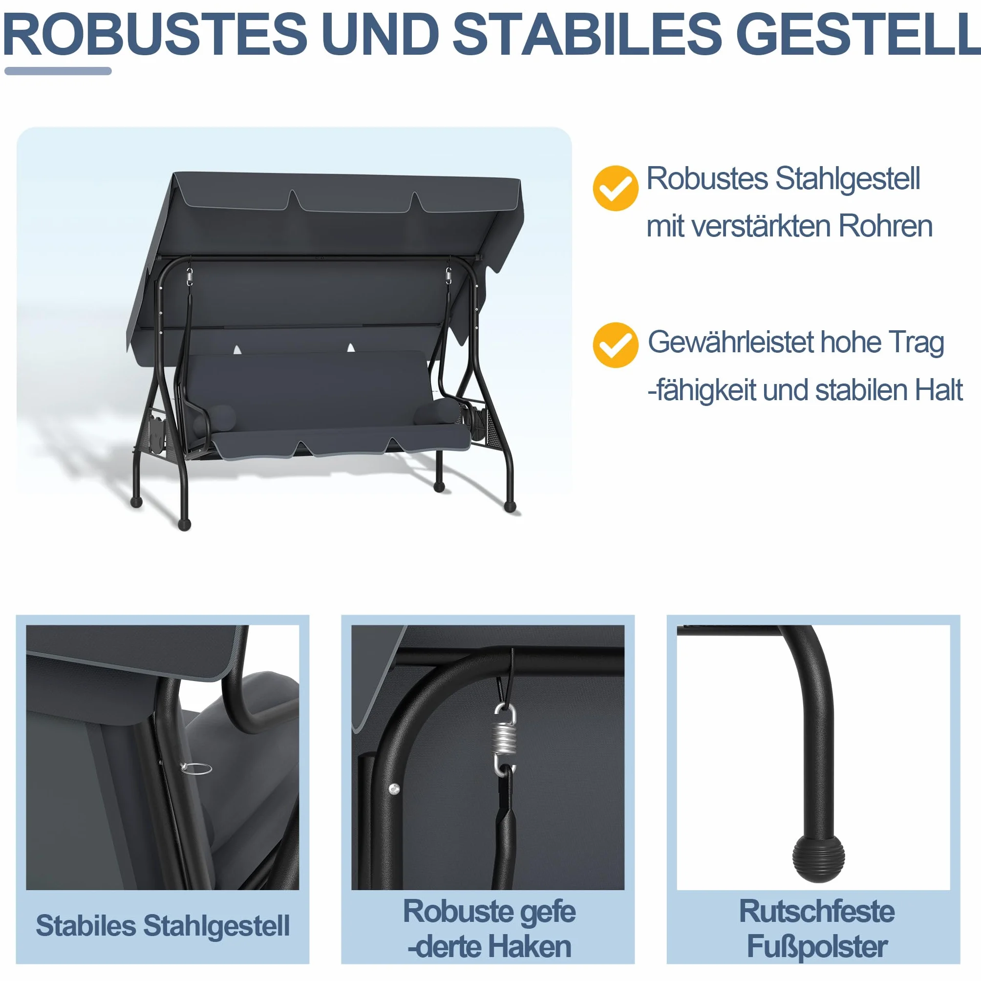 XMTECH Hollywoodschaukel 3-Sitzer mit Liegefunktion & verstellbarem Sonnendach, Gartenschaukel mit Seitentischen & Kissen, Schaukelbank Garten Terrasse, bis 350 kg, 185 x 113 x 163 cm, Anthrazit