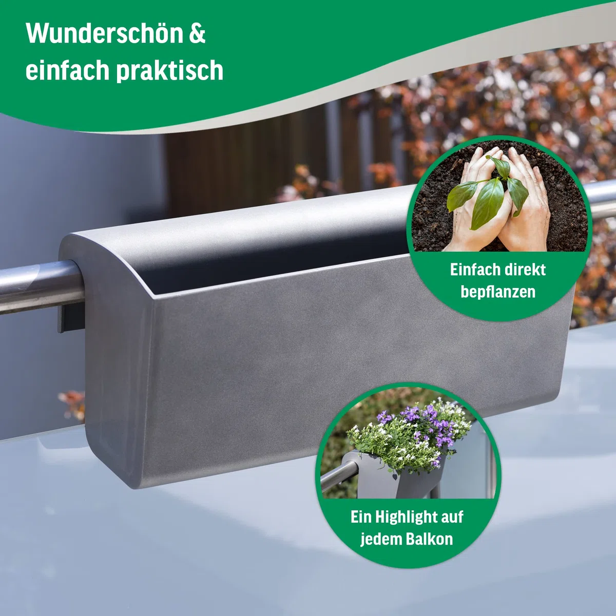 VIVANNO Balkonkasten 80 cm mit Halterung & Bewässerung BALKONA Classico | Pflanzkasten für Balkon-Geländer bis 50 mm Breite, frostsicherer Outdoor Blumenkasten aus Kunststoff mit Wasserspeicher