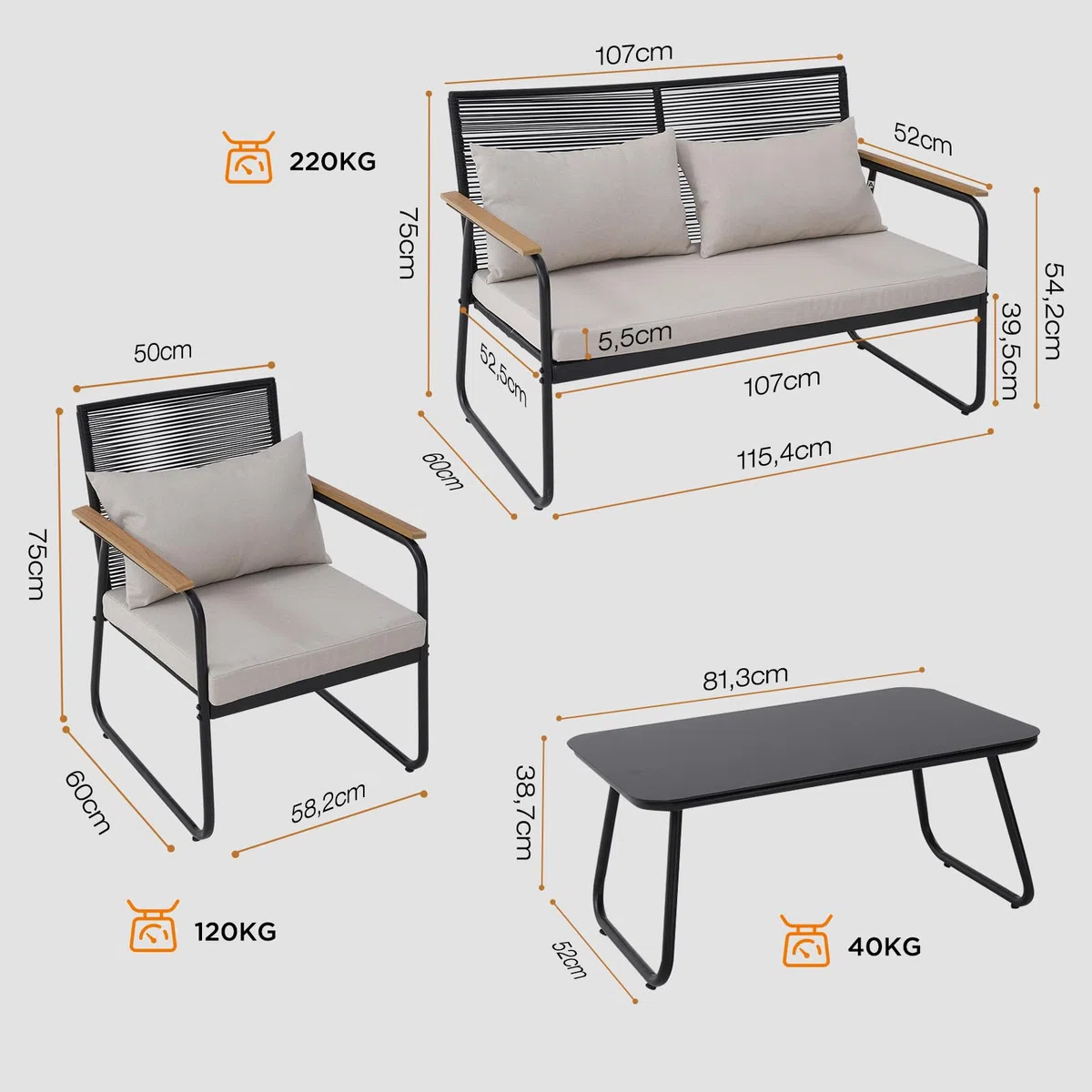 Polyrattan Gartenmöbel Set 3-4 Personen, Gartensofa Set mit Tisch & Kissen, Wetterfest & UV-beständig, Balkonmöbel Sitzgruppe für Terrasse & Garten
