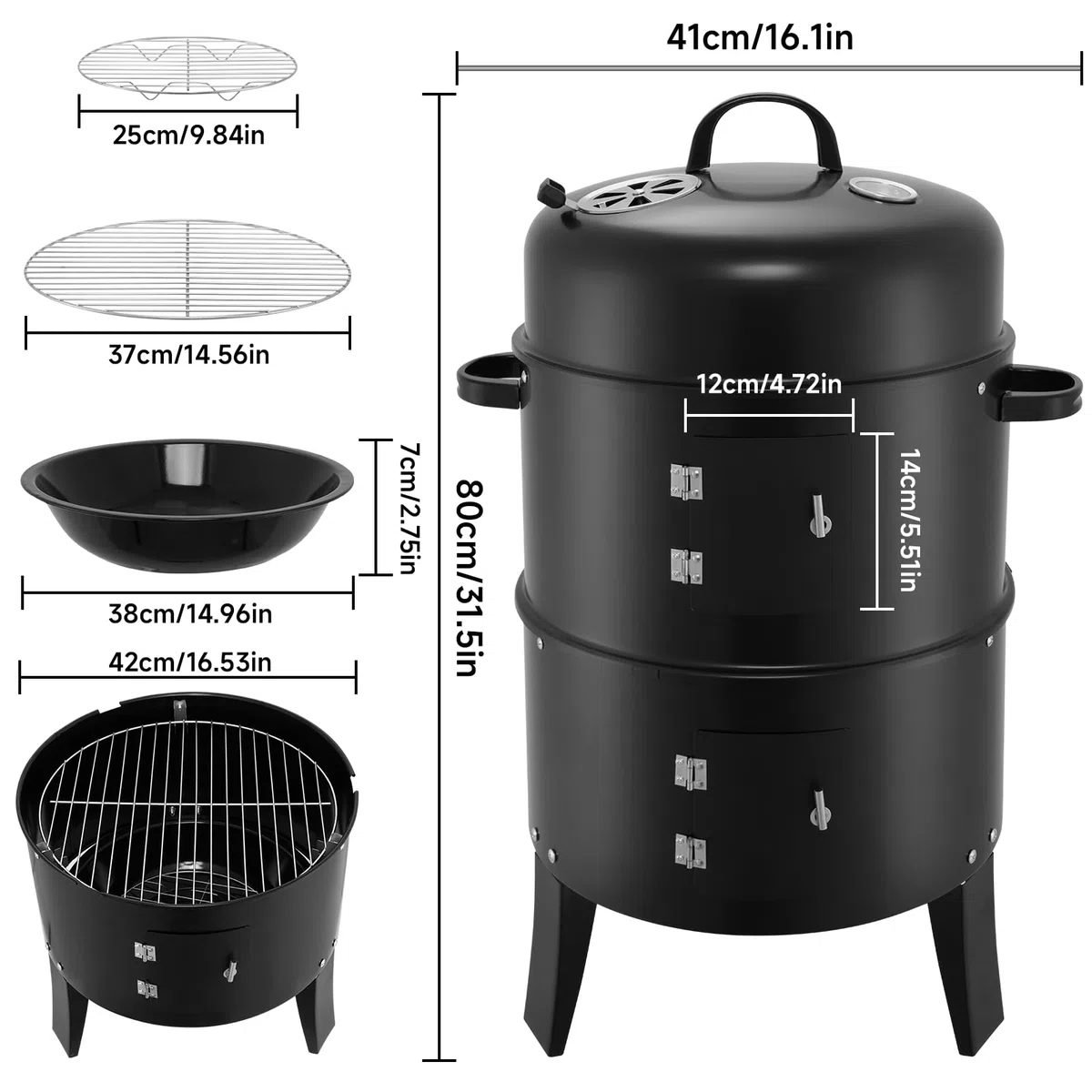 Raucher Holzkohle, Holzkohleraucher | Holzkohlegrills | Tragbare vertikale Propan-eingebaute Thermometer für Gartengrills, Heckklappenpartys, Apartmentbalkonen