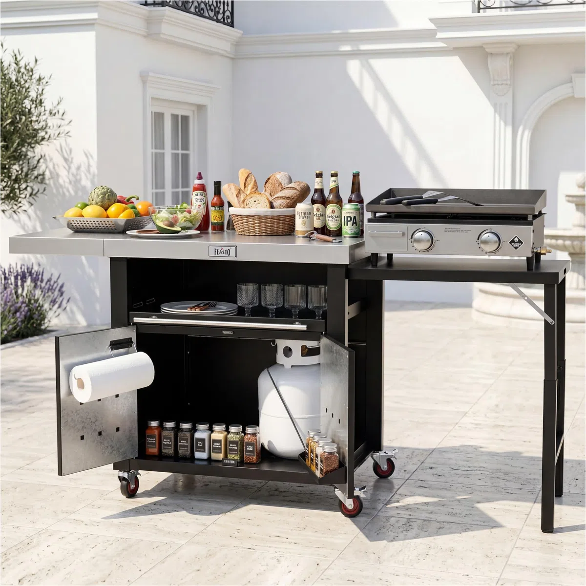 Outdoor-Küche Grillwagen Outdoor Grilltisch Outdoor wetterfest mit Schrank | 188x66x92 cm Servierwagen Pizzatisch mit 2 Klappbarer Beistelltisch, ausziehbare Ablage, für Pizzaofen, Außenküche,Terrasse