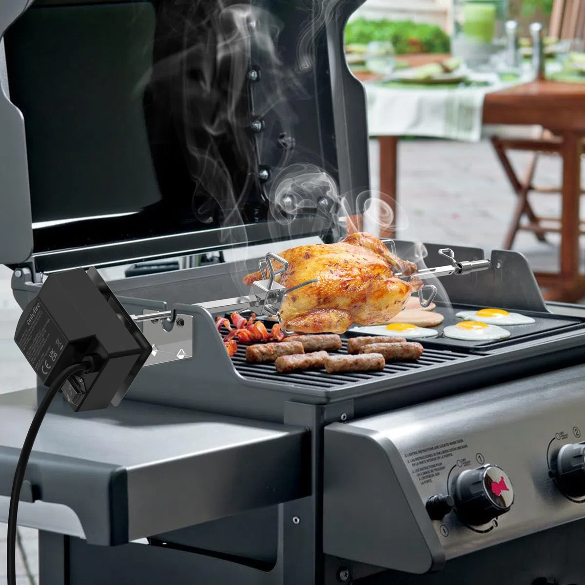 onlyfire Edelstahl Grillspieß Set für Weber Spirit I & Spirit II 200/300 Serie Gasgrill, inkl. 2X Fleischklammer, Motor, 220V-240V, Motorhalter, Drehspieß, Rotisserie, Drehspiess