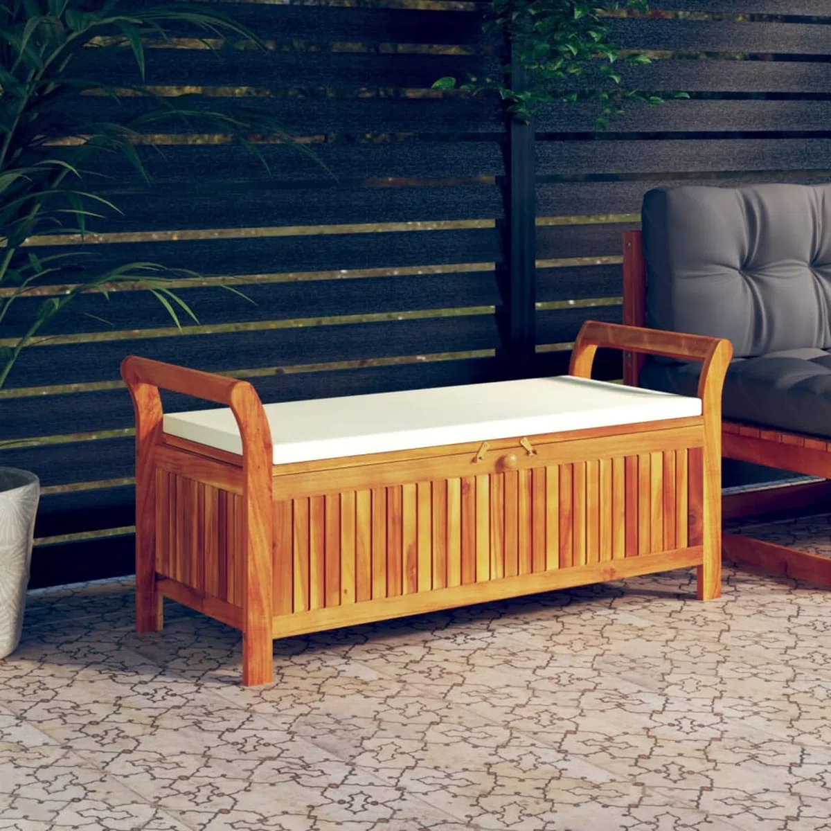 Tidyard Garten Truhenbank mit Kissen Gartenbank Gartentruhe Holzbank Sitztruhe Gartenbox Auflagenbox Kissenbox Spieltruhe Sitzbank für Terrasse Garten Balkon 126 cm Massivholz Akazie