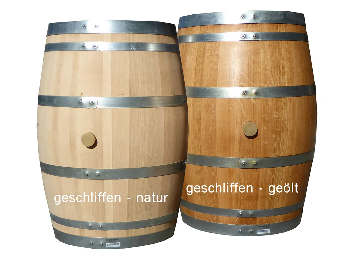 Temesso 225l Weinfass, Barriquefass als Stehtisch - Holz geschliffen (Natur - unbehandelt)