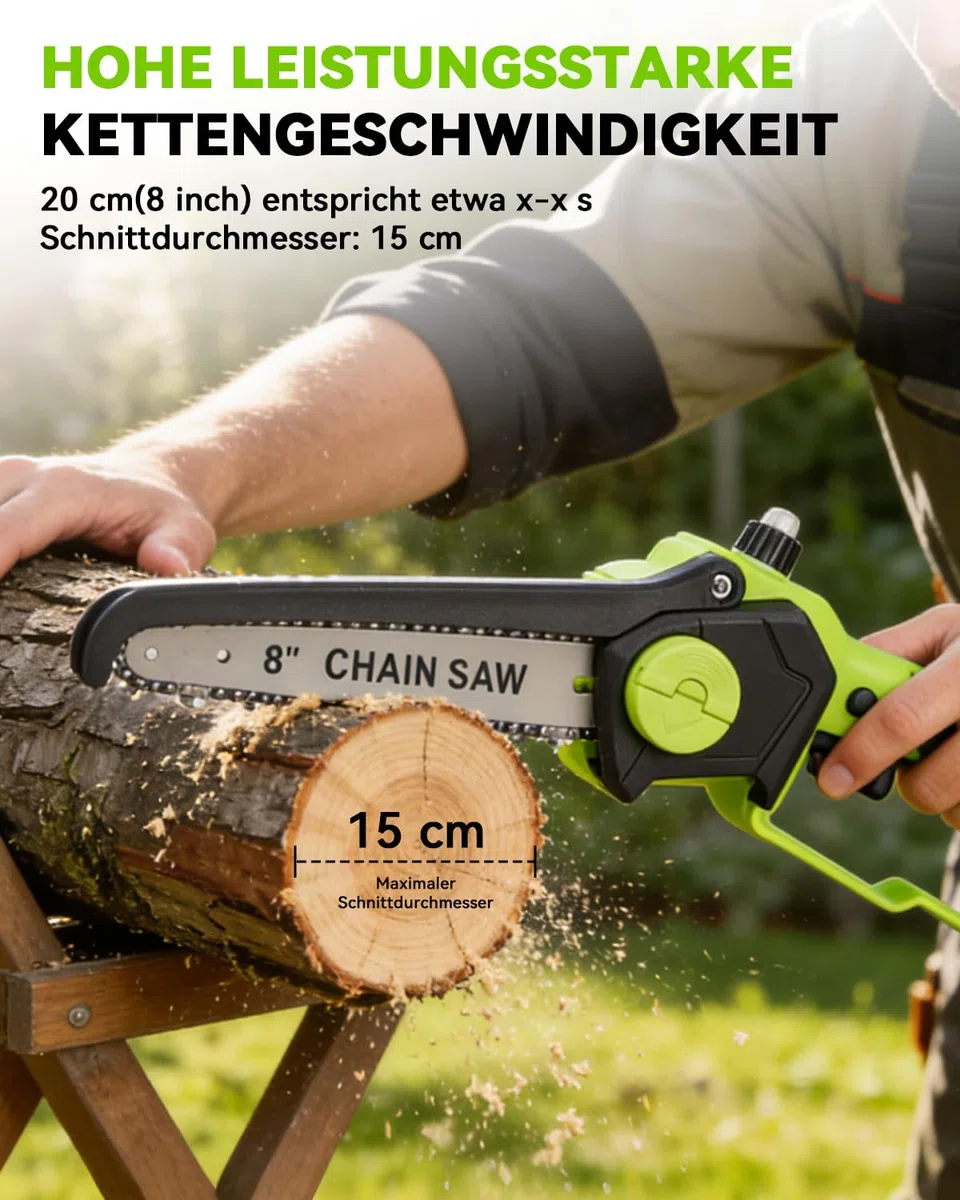 2-in-1 Akku Hochentaster 8-Zoll Bürstenlose Mini-Kettensäge mit Teleskopstange 2 x 3000mAh Akkus