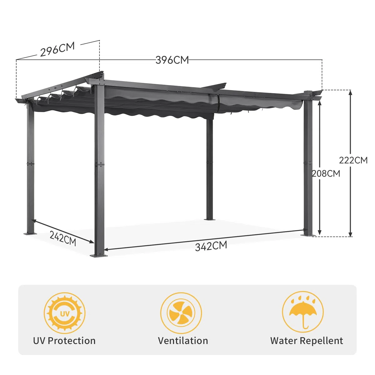 Angel Living Garten Pergola 3 x 4 m Pavillon Gartenpavillon aus Aluminium in anthrazit, Dachrohre aus Stahl, Verstellbares Dach aus Polyester Grau