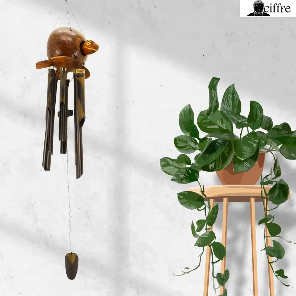 Premium 80cm Windspiel Holz Feng Shui Klangspiel Geschnitzt Kokosnuss Schildkröte Geschnitzt Guter Klang