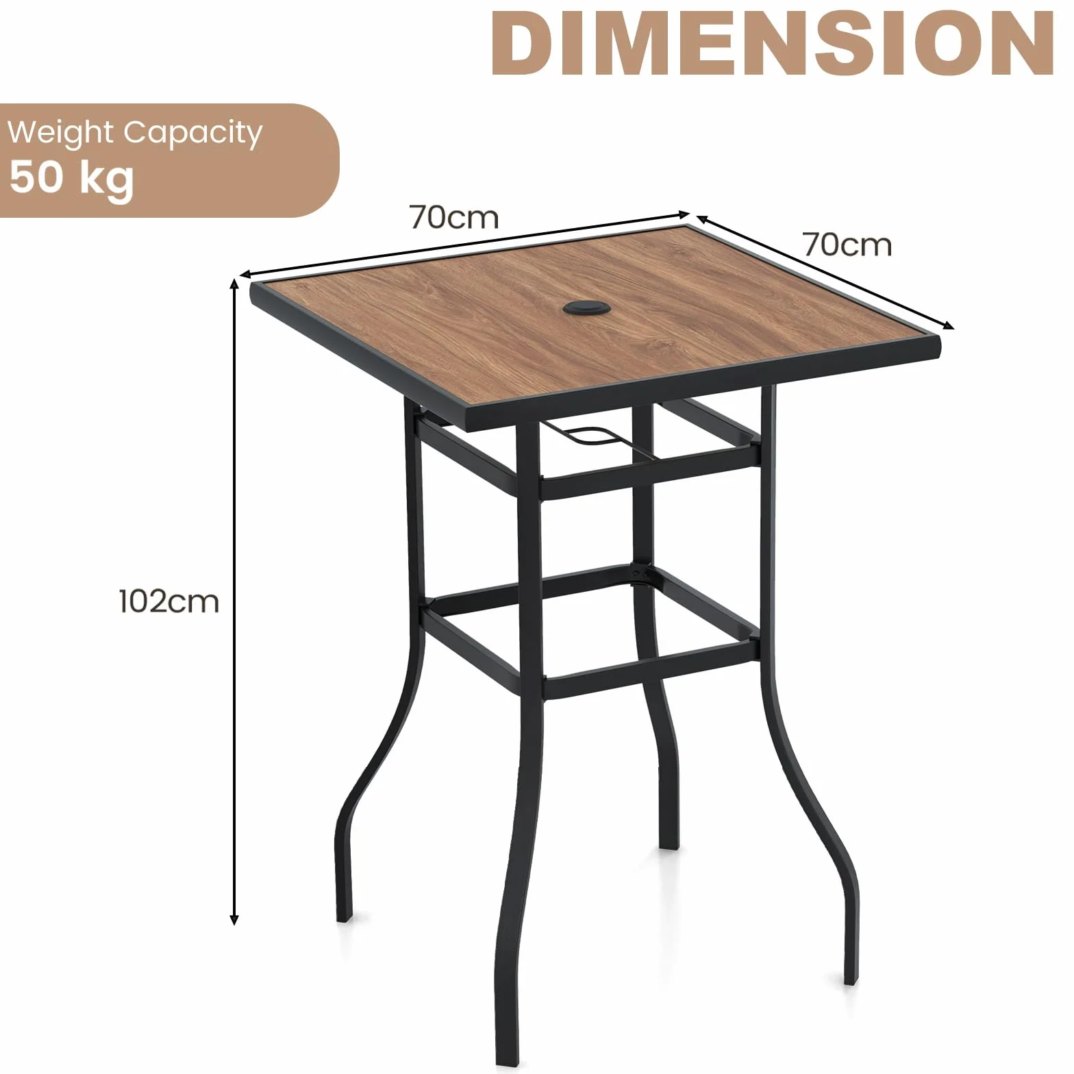 KOMFOTTEU Gartentisch mit Schirmloch, Bistrotisch quadratisch 70 x 70 x 102 cm, Bartisch aus Metall, Stehtisch Balkontisch für Bistro, Garten, Hof