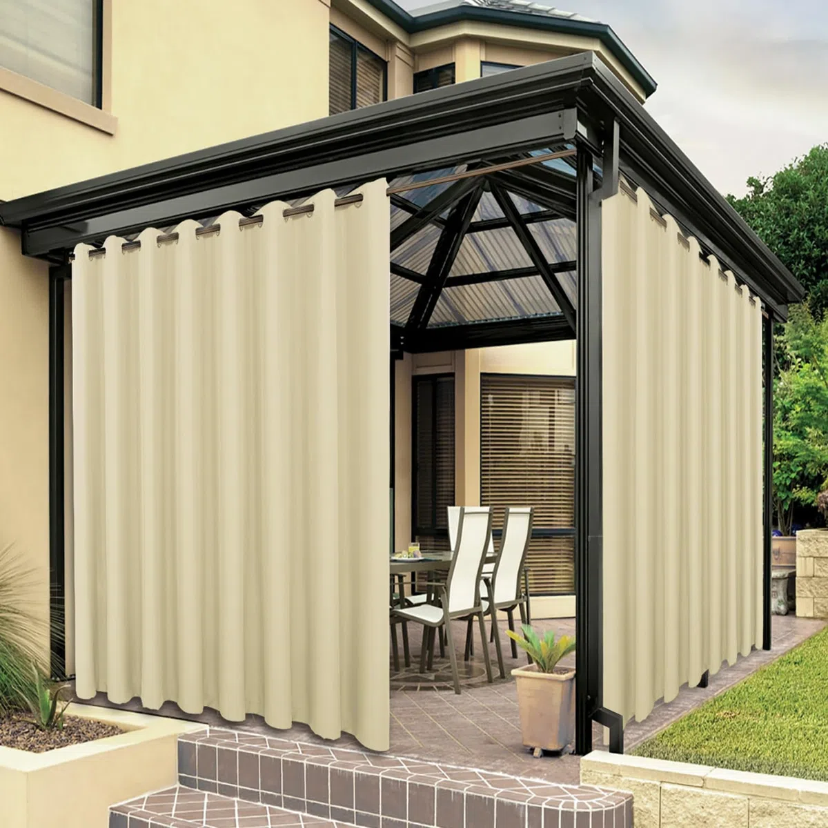 Bonzer Extra breite, wasserdichte Outdoor-Vorhänge für Terrasse, schwer, Privatsphäre, Sonnenlicht blockierend, Ösen, Außenvorhänge für Veranda, Pergola, Pavillon, 1 Stück, 380 x 213 cm, Creme