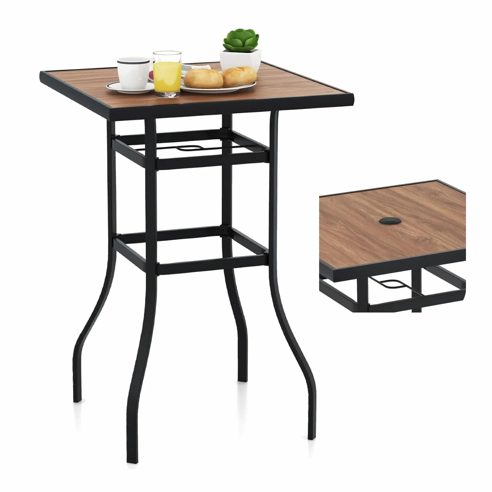 KOMFOTTEU Gartentisch mit Schirmloch, Bistrotisch quadratisch 70 x 70 x 102 cm, Bartisch aus Metall, Stehtisch Balkontisch für Bistro, Garten, Hof