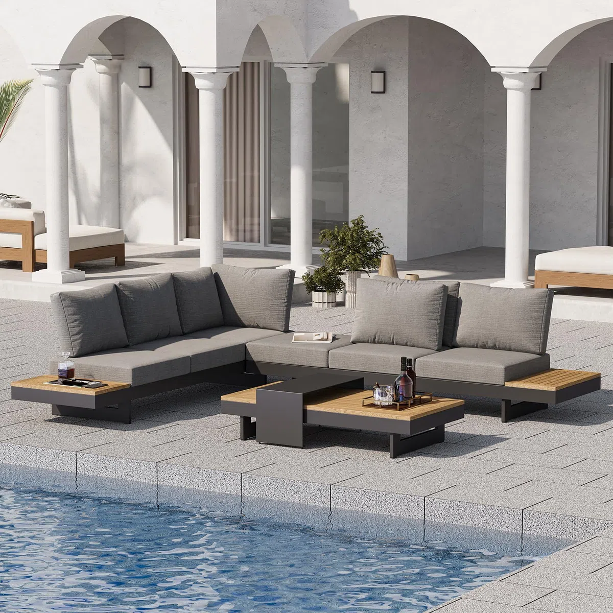 Homary 6-Sitzer Modulare Outdoor Lounge für Familie & Gäste, Garten Sofa Set für große Terrasse, Aluminium & Teak, 12 cm Komfort Polster, pflegeleicht