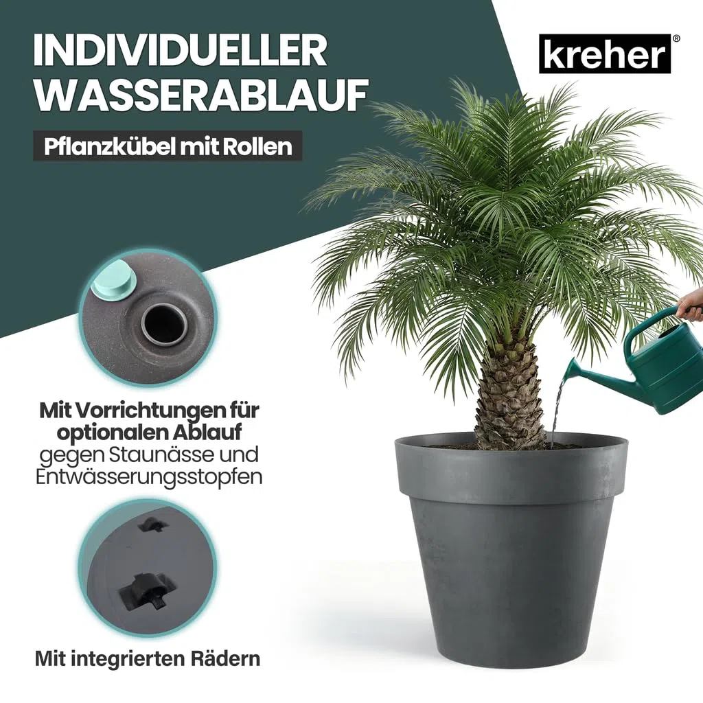 Kreher XXL Pflanztopf/Pflanzkübel rund mit 79 cm / 58 cm Durchmesser, ausstattet mit Rollen! Der Eye-Catcher für Garten, Terrasse, Restaurants & Gewerbe! (Anthrazit, XXL-Ø79cm)